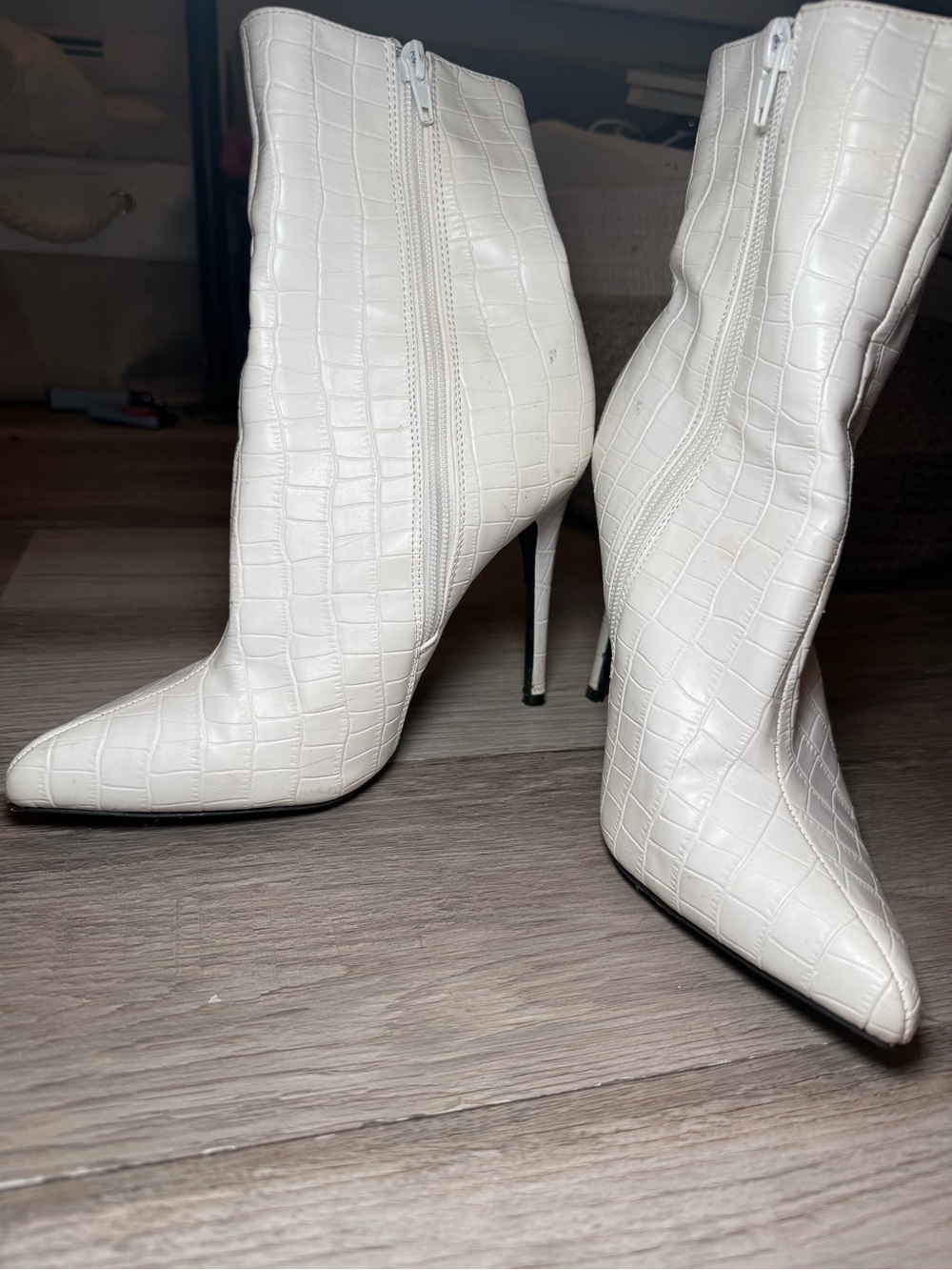 White Croc-Embossed Pointed Toe Stiletto Ankle Boots